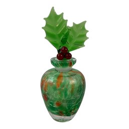 Vintage Winter Holly Berry Crackle Glass Perfume Bottle - #FS-7