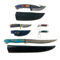 Collection Of Damascus Steel Hunting & Pocket Knives With Leather Sheaths (NEW) - #S6-3