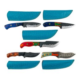 Collection Of Damascus Steel Hunting Knives With Leather Sheaths (NEW) - #S12-1