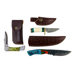 Collection Of Damascus Steel Hunting Knives With Leather Sheaths (NEW) - #S12-1