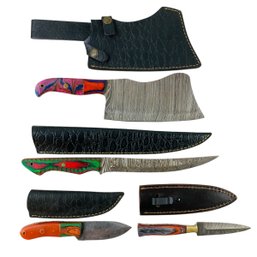 Damascus Steel Cleaver & Hunting Knives With Leather Sheaths (NEW) - #S12-1