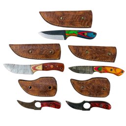 Collection Of Damascus Steel Hunting Knives With Leather Sheaths (NEW) - #S10-2