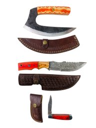 Collection Of Damascus Steel Hunting Knives With Leather Sheaths (NEW) - #S14-2