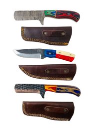 Collection Of Damascus Steel Hunting Knives With Leather Sheaths (NEW) - #S8-2