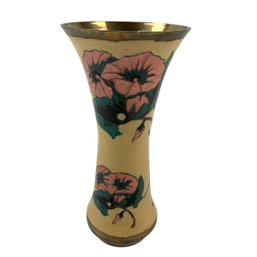Vintage Enameled Brass Hand Painted Floral Vase - #FS-7