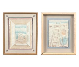 Wesley Wess Smith Signed Southwestern Hand Cast Paper Art 'Desert Window' & 'Adobe' - #S19-F
