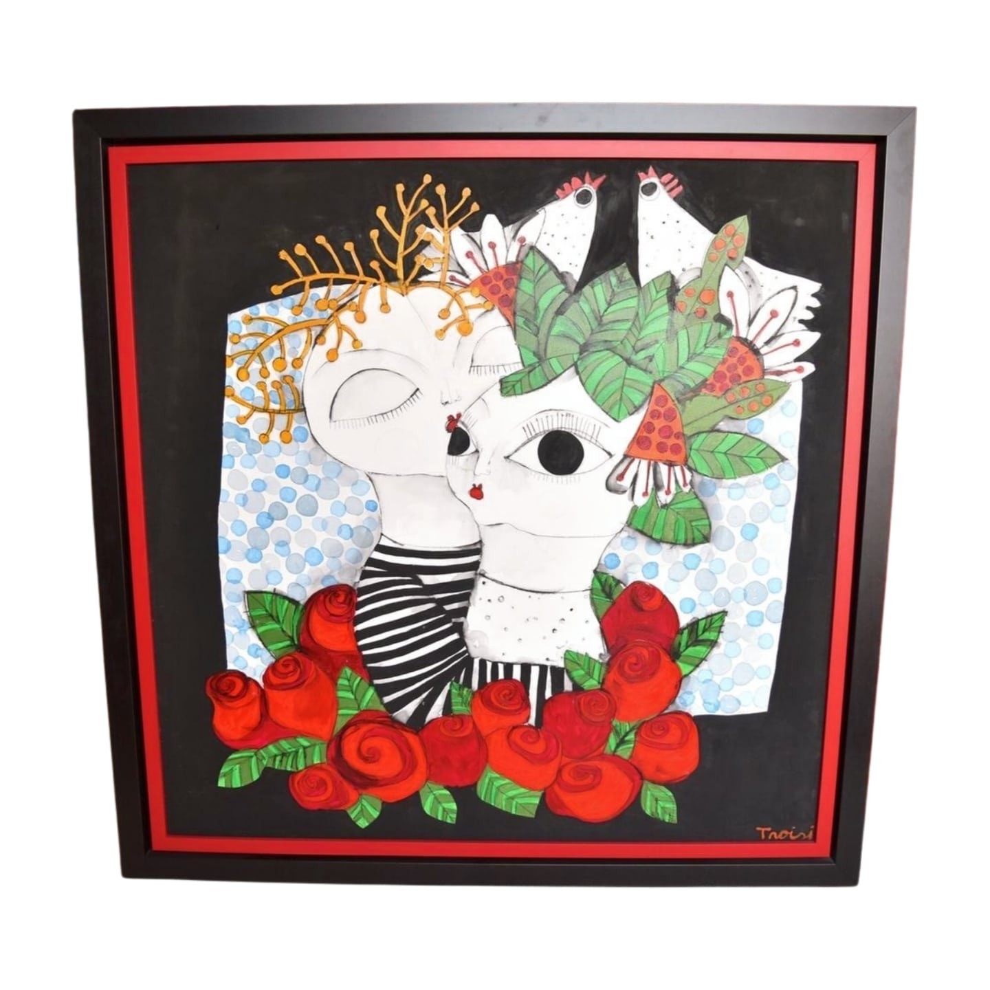 A Couple In LOVE' Painting On Canvas Signed Troisi In Sleek Black
