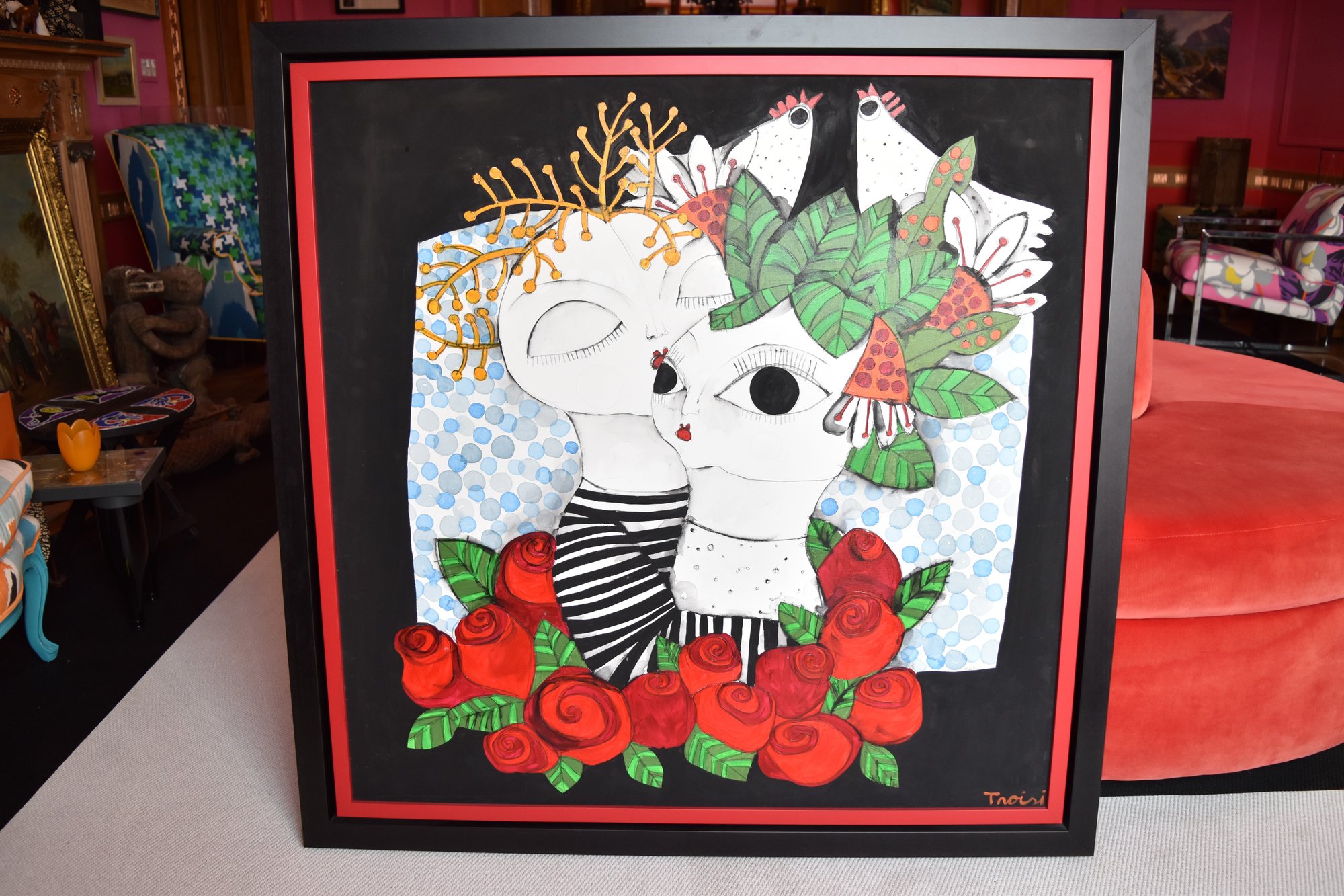 A Couple In LOVE' Painting On Canvas Signed Troisi In Sleek Black