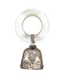 Webster Sterling Silver Birth Record Teething Rattle Bell On Mother Of Pearl Ring