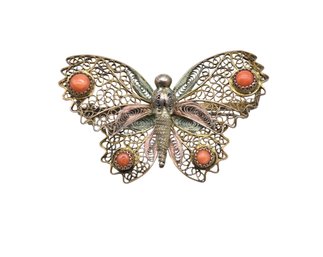 Antique Chinese Export Brooch Intricate Gilt Silver Filigree .800 Sterling Silver W/ Coral Beads