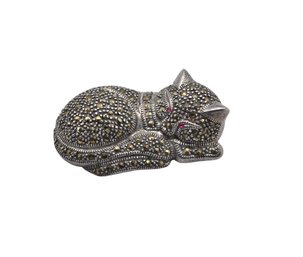 Sterling Silver Cat Brooch W/ Marcasite - 16.8g Total Weight