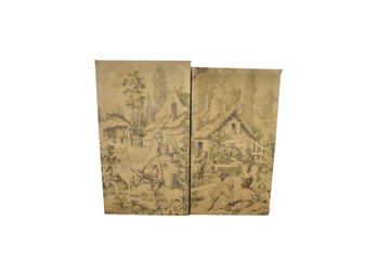 Pair Of Woven Tapestry's Featuring Village Farm Scene