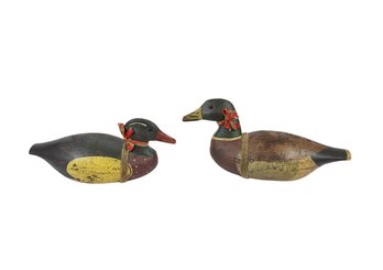Pair Of Hand Carved Wooden Duck Decoys Signed WHITE