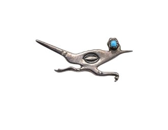 Nellie Tso Navajo Silversmith Sterling Silver Roadrunner Pin Brooch W/ Turquoise - 5.2g Total Weight