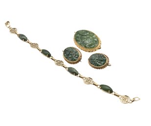 Matching Carved Jade 14k Earrings & Brooch W/ 14K Gold And Jade Bracelet Featuring Chinese Symbol 'Shou'