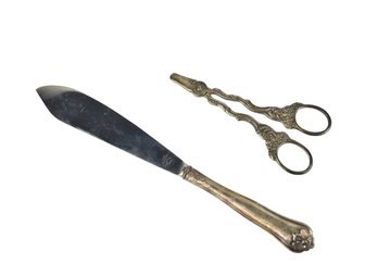 Swedish Silver-plated Grape Shears & COHR Denmark Silver .830 Silver Handled Cake Knife