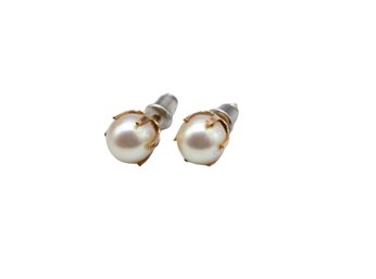 Pair Of Faux Pearl Earrings In Gold Setting
