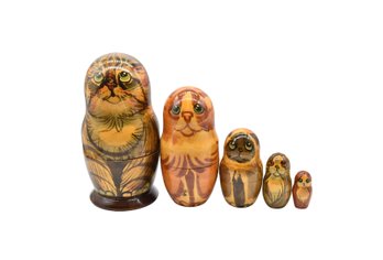 Wooden Matryoshka Siamese Cat Russian Nesting Doll 5 Pc Hand Painted Signed