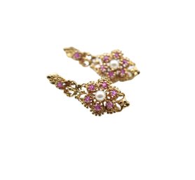 Vintage 14K Gold Filigree Cultured Pearl & Ruby Dangle Earrings - 7.8g Total Weight