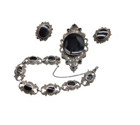 Vintage Onyx & Marcasite Set In Sterling Silver Bracelet Earrings & Brooch 4pcs - 60.4g Total Weight