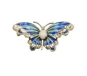 14K Gold Butterfly Brooch Featuring Opal Centerpiece - 7.5g Total Weight