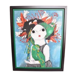 OVER-SIZED Painting On Canvas 'eccentric Parrot Lady' Signed Troisi In Black Wood Frame