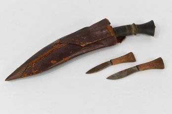 Antique Nepalese Kukri Knife With Sheath & 2 Chakmak Knives #1