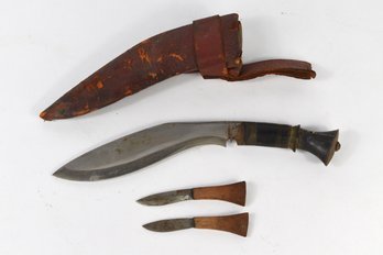 Antique Nepalese Kukri Knife With Sheath & 2 Chakmak Knives #2