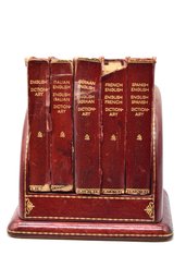 Vintage Set Of Five Miniature Multi-Language Dictionaries In A Matching Leather Stand