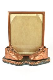 Vintage Mid-century Copper-bronze Baby Shoe Photo Frame Stand