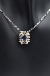 Saphire & Diamond 14K White Gold Pendant Necklace - 4.5g Total Weight