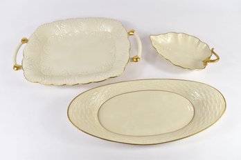 Lenox Handled Serving Tray Trimmed W/ Gold Handles Plus Leaf Shaped Trinket Dish - 3pcs Total