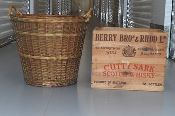Wicker Basket & Vintage Whiskey Crate