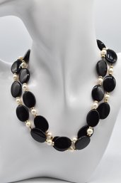 Long Onyx Necklace W/ Pearls & Gold Rings