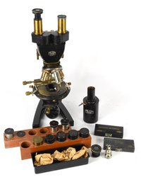 Antique Carl Zeiss Jena Brass Microscope With 4 Objectives 6 Eyepieces & Object Marker Objective