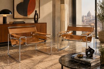 Pr. Vintage Italian Wassily-Style Chrome Leather Armchairs (CTF40)