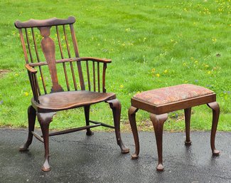 18th C. Queen Anne Elm Armchair & Vintage Ottoman (CTF20)