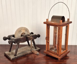 Antique Grinding Stone And Candle Lantern (CTF20)