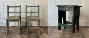 Antique Blue Painted Child's Chairs & Stool, 3pcs (CTF10)