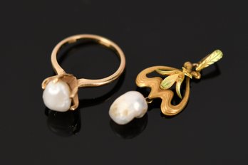Art Nouveau 14k Gold Freshwater Pearl Pendant & Contemporary Ring (CTF10)