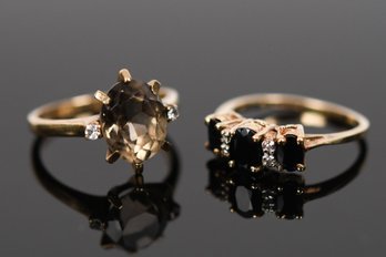 10k Gold Smoky Quartz & Sapphire & Diamond Rings, 2 Pcs (CTF10)