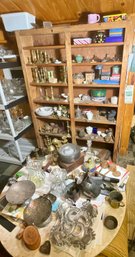 Basement Finds! Table, Antique Brass Candlesticks, Silver Plate, Glass Stoppers...