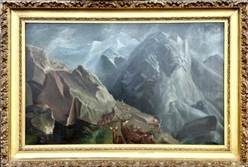 Harriet L. Vosburgh Large Antique Oil, Deer In Mountain Landscape (CTF40)