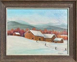 Mayellen Noyes Miniature Oil On Board, Winter Landscape With Barns