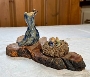 Studio Art Pottery Whimsical Birds On Wood Base