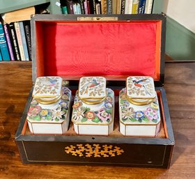 Antique Tea Caddy And Porcelain Canisters