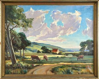20th C. American Oil, Country Landscape With Cows (CTF20)