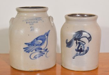 Two Antique Bird Decorated Stoneware Crocks (CTF20)