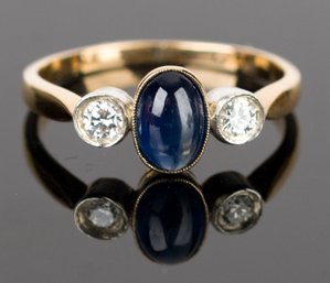 14k Gold Sapphire & Diamond Three Stone Ring (CTF10)