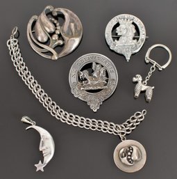 Sterling Silver Jewelry Lot, Scottish Clan Pins, Viking Craft, Poodle & Moon, 6 Pcs (CTF10)